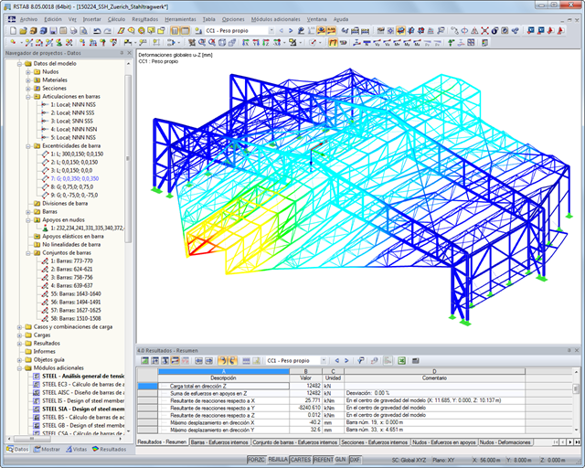 Modelo en 3D del hangar con protección acústica con deformaciones visualizadas (© WTM Engineers GmbH)